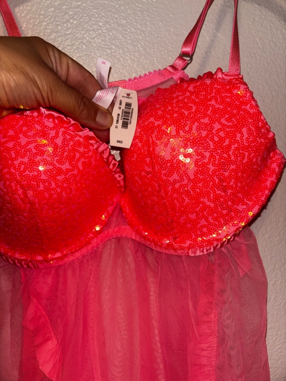 Victoria’s Secret Push Up Sheer Babydoll Lingerie Neon Coral Pink Sequin 36D NWT - Picture 3 of 5